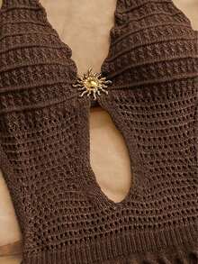 Vestido de suéter ajustado con cuello en V, escote halter y espalda con lazo, estilo bohemio, para vacaciones, otoño/invierno - Café integral - Ver 6