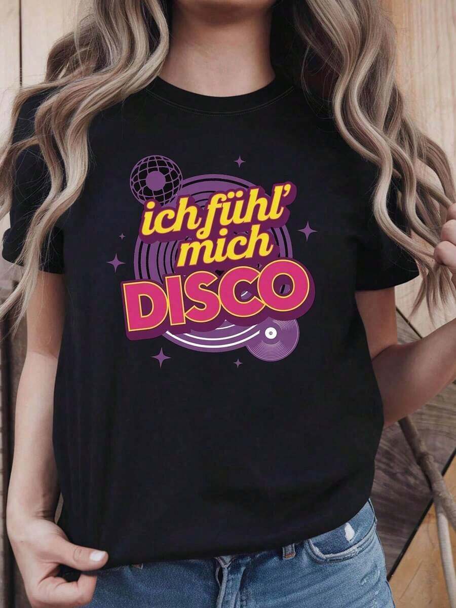 Vintage German Women's Disco-Themed T-Shirt, "Ich Fühl' Mich DISCO," Decorated With A Disco Ball And Disco Slogan, Short-Sleeved, Casual Style, Vintage For Parties. Women's T-Shirt Top > Basic - 黑色 - 查看 1