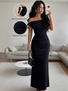 YHHRafferiza Vestido de fiesta ajustado con hombros descubiertos y detalles metálicos elegantes para mujerYHH - Rosa - Ver 9