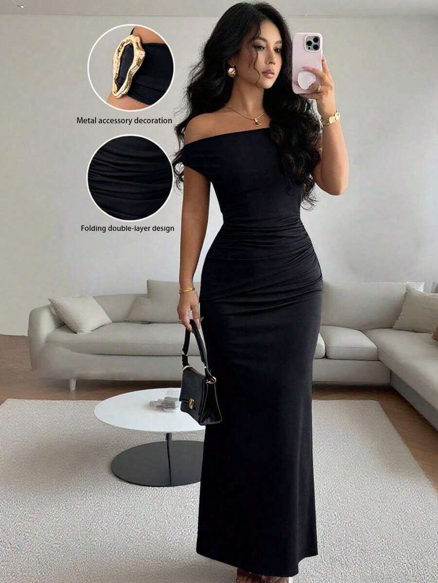 Elegant Formal Dress With Off-The-Shoulder Design And Ruched Metallic Details For Women - Black - View 1