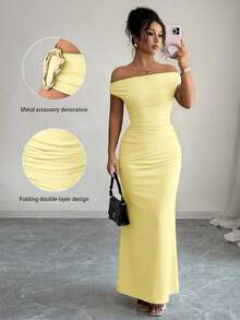 Vestido formal elegante con hombros descubiertos y detalles metálicos fruncidos para mujeres - Amarillo claro - Ver 4