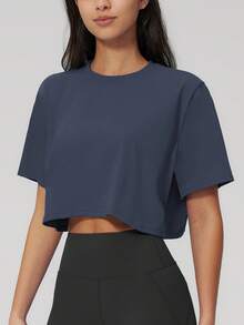 NcmRyu 1pc Women Solid Color Loose Cropped Short Sleeve Activewear Top Sports - Navy Blue - View 1
