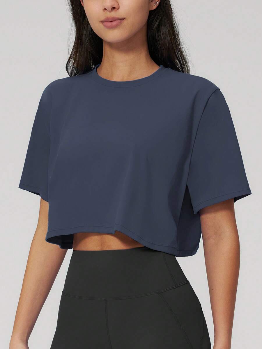 NcmRyu 1pc Women Solid Color Loose Cropped Short Sleeve Activewear Top Sports - Navy Blue - View 1