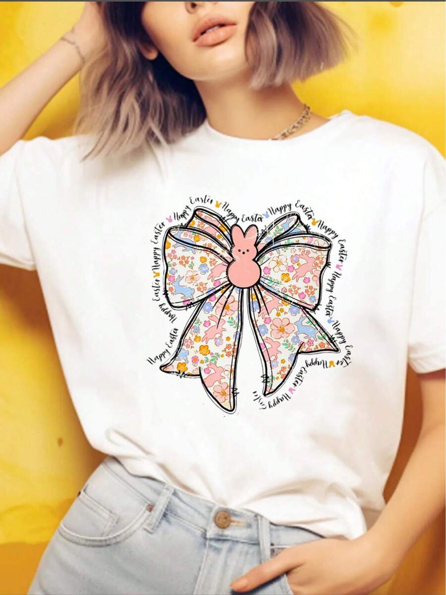 1 pieza de camiseta de mujer blanca de algodón puro con diseño de lazo de zanahoria de Pascua, 180g, 100% algodón. - blanco - Ver 1