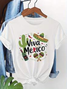 1 pieza de cactus español, sombrero de ala ancha, maracas, etc., que reflejan el ambiente cultural mexicano. Camiseta de mujer con cuello redondo, estampado casual de moda Viva México, 180g, 100% algodón. - Blanco - Ver 7