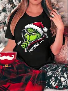 1 Piece 180g Unisex Loose Crewneck Short-Sleeve T-Shirt Mujer Casual Camiseta con Estampado  Navidad Divertido Diseño Original Arte Moderno Tejido Suave Color Sólido Corte Holgado Cuello Redondo Manga Corta Invierno Festivo Diario Playera - Negro - Ver 1