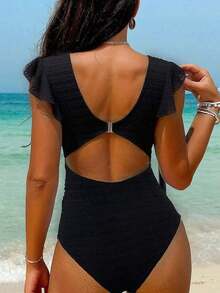 Traje de baño de una sola pieza con corte retorcido y recorte frontal, estampado a rayas para mujer en la playa en verano - Negro - Ver 2