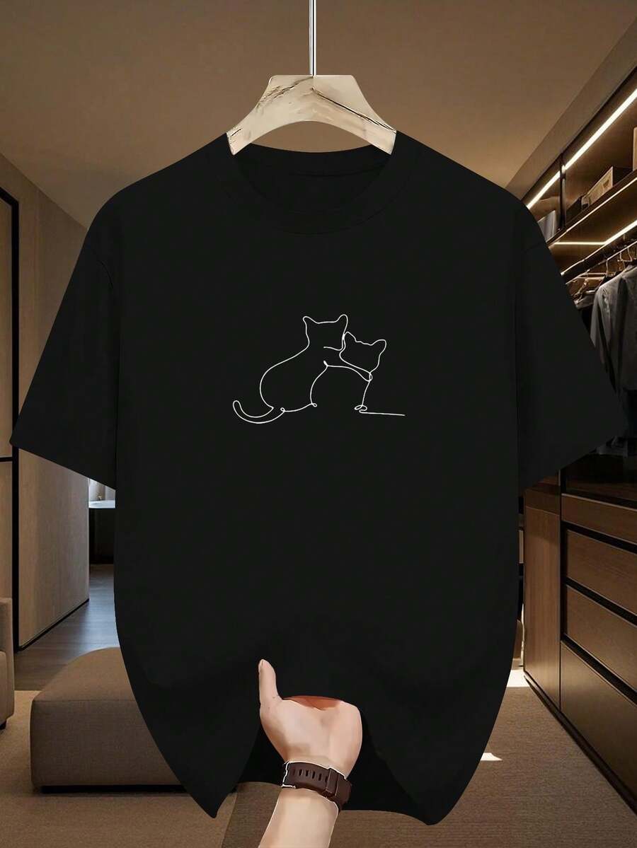 Nueva Camiseta Casual de Manga Corta para Hombre, Transpirable, con Estampado, Serie de Dibujos Animados Simples Hechos a Mano - Negro - Ver 1