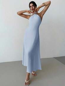 Vestido largo suelto sin mangas y sin espalda, elegante para vacaciones y fiestas, romántico y de moda para el verano, la playa - Celeste - Ver 7