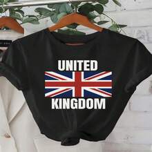 Women's Casual Cotton United Kingdom Flag Print Round Neck Short Sleeve T-Shirt - Negro - Ver 1