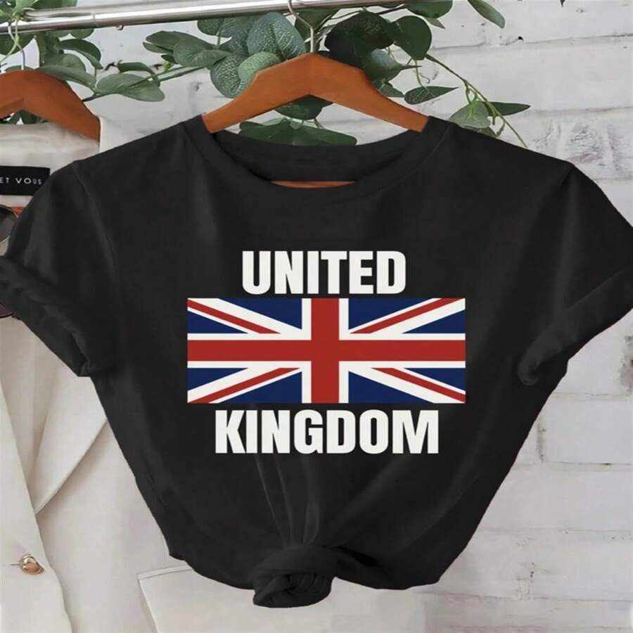 Women's Casual Cotton United Kingdom Flag Print Round Neck Short Sleeve T-Shirt - Negro - Ver 1