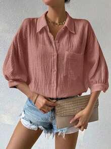 Camisa de mujer minimalista y casual de unicolor con botones delanteros, textura y hombros caídos - Rosa - Ver 5