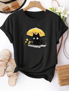 1 camiseta de manga corta con temática de sanación, con un lindo estampado de un gato sosteniendo un paraguas amarillo, top de cuello redondo para mujer, camiseta casual, adecuada para uso diario en primavera/verano, ropa de mujer, 180g, 100% algodón. - Negro - Ver 1