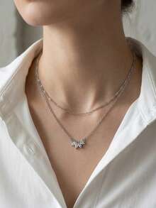 1 件双层铜锆石链和蝴蝶结吊坠项链，适合女士、日常/约会佩戴、母亲节礼物 - 金黃色 - 查看 4