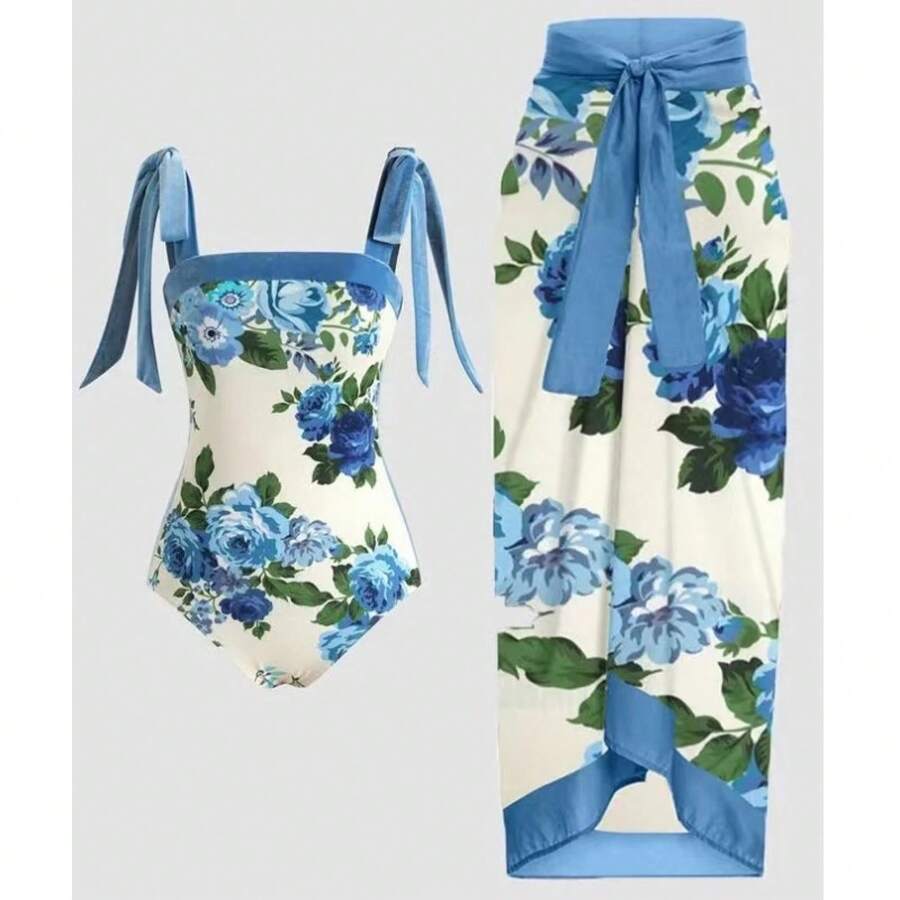 Traje de baño de una pieza para mujer, bikini sexy con falda larga de cordones, conjunto de tres piezas. - Serie Peonía - Ver 1