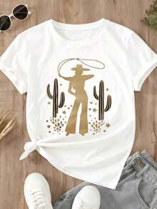 Women's Clothing Short Sleeve T-Shirt For Women With Cactus, Star And Bow Print, Western Cowboy Style, Casual For Everyday Wear, Women's Shirts - 白色 - 查看 2