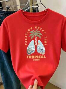 CasualPlayera roja de mujer con estampado tropical de palmera y playa, camiseta casual de manga corta, cuello redondo, blusa cómoda estilo verano vacaciones para viaje, paseo y outfits casualesMust-have - Rojo - Ver 6