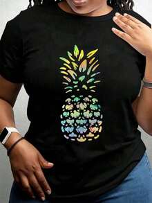 Camiseta de Algodón Puro para Mujer con Estampado de Piña y Diseño Artístico Colorido, Cuello Redondo, Casual, Suave, Cómoda, Tejido Elástico para Uso Diario, Atuendo de Temporada, Idea de Regalo para Familiares y Seres Queridos - Estilo Urbano Vintage, Camiseta Unisex de Manga Corta y Cuello Redondo de Algodón Holgado - Negro - Ver 7
