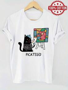 100% Pure Cotton Short-Sleeved T-Shirt With A Round Neck, Featuring A Print Of A Cat Artist And His Artwork, Perfect For Comfortable And Breathable Summer Casual Wear For Women - 白色 - 查看 6