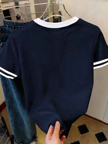 Camiseta de manga corta de cuello redondo casual con ribete de contraste para mujer, verano - Multicolor 8 - Ver 2
