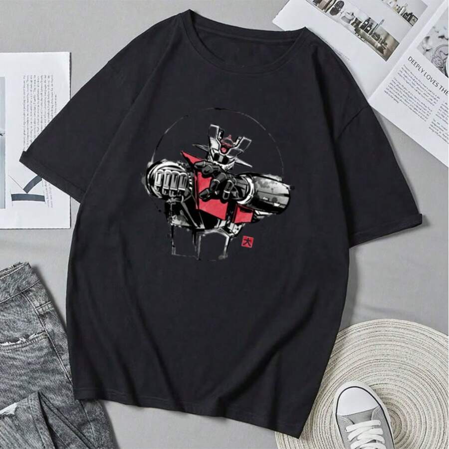 Camiseta unisex Ink-Mecha con estampado divertido de anime y dibujos animados, ideal para el verano. Camiseta informal de cuello redondo. - Negro - Ver 1