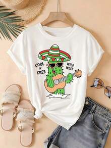 conjuntos de mujer2026Camiseta de mujer con estampado de cactus del Oeste Salvaje, divertido estampado gráfico de guitarra y sombrero, cuello redondo, manga corta, top casual, ideal para combinar con jeans de mezclilla. - Blanco - Ver 2