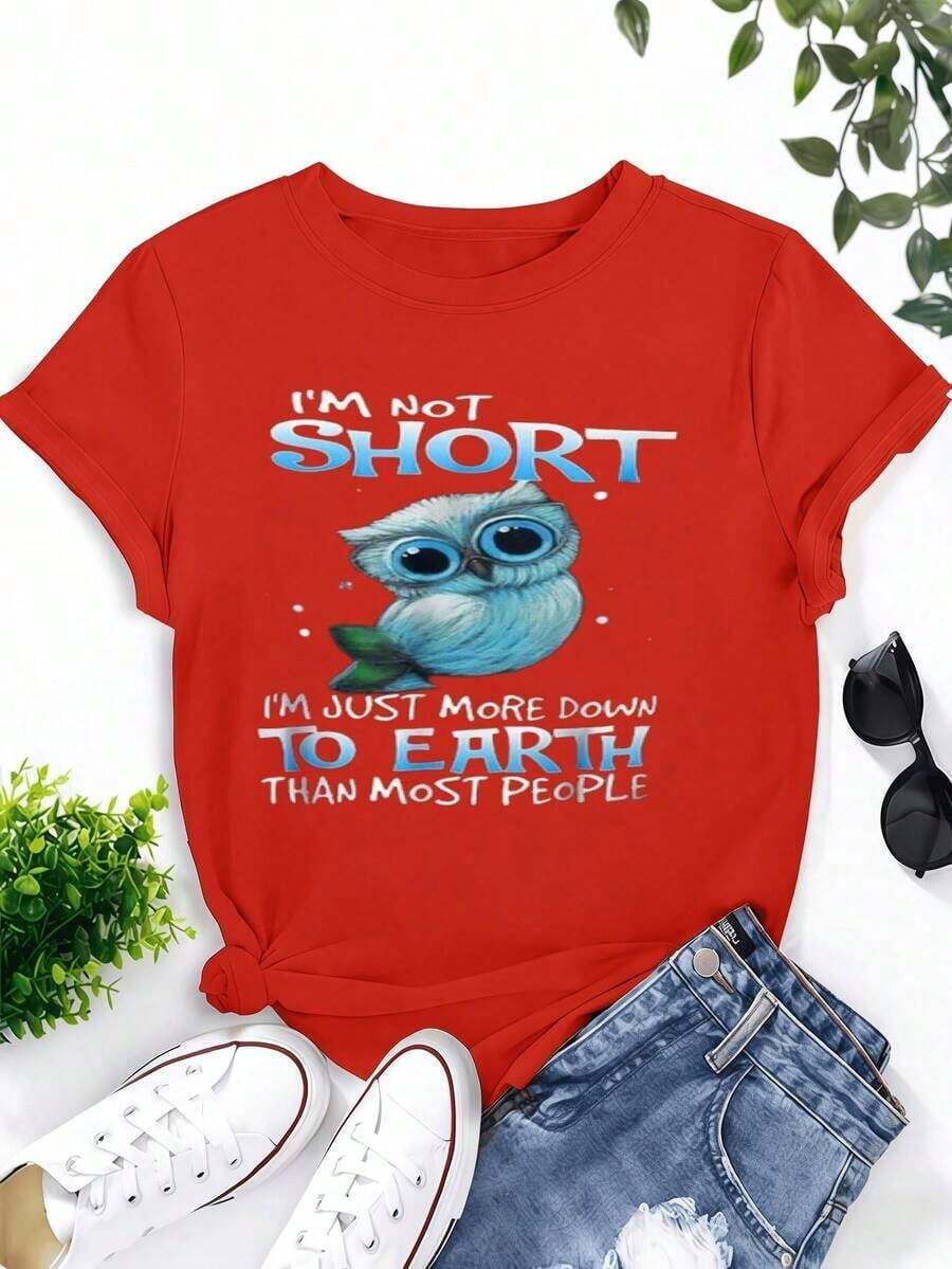 Women's Sets 2026 Summer Sets Cute And Casual Style Versatile Casual Style Joke Owl Design T-Shirt Fun And Cheerful Design Cartoon Blue Owl With Big Eyes Casual Crew Neck T-Shirt For Men And Women Great Humor For Height Fans Cool Women's T-Shirts - 紅色 - 查看 1