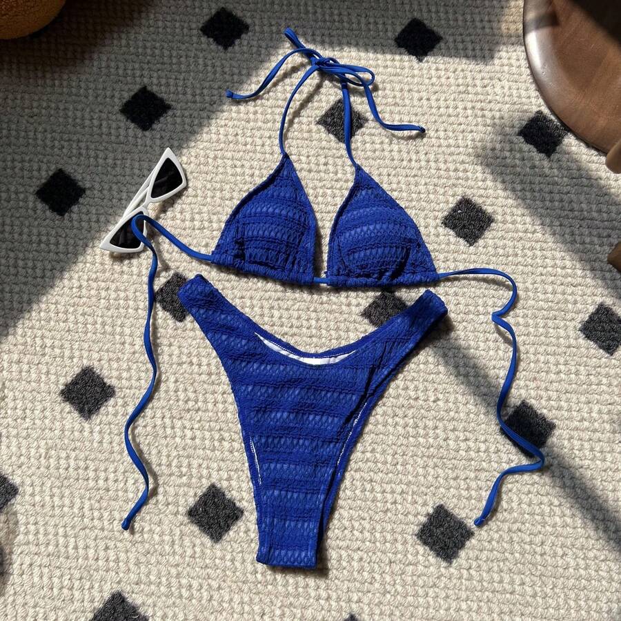Nuevo bikini de dos piezas con tirantes ajustables, dulce y sexy. - Azul - Ver 1