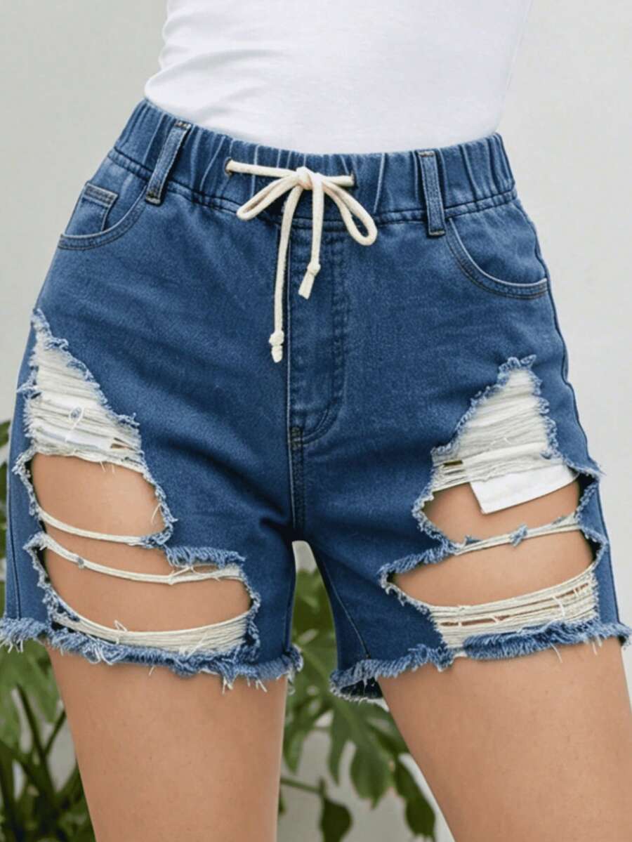 Shorts vaqueros para mujer de talle medio y elasticidad media, corte ajustado con recortes desgastados y cordón - Azul lavado oscuro - Ver 1