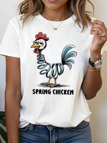 1 pieza clásica y versátil, camiseta de manga corta de algodón puro con estampado de peque?o gallo para mujeres, ideal para usar en todas las estaciones. Estilo moderno - Blanco - Ver 1