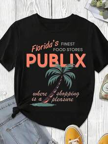 Elegante y casual para mujer, manga corta, camiseta de mujer con diseño de palmeras y texto de Florida Finest Food Stores Publix, ropa casual negra de verano. - Negro - Ver 3