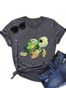 Camiseta de talla grande con estampado de tortuga de dibujos animados, top casual de manga corta y cuello redondo para primavera y verano, ropa de talla grande para mujer. - Gris Oscuro - Ver 1