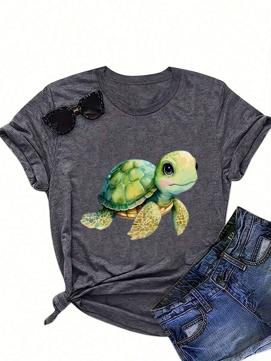 Camiseta de talla grande con estampado de tortuga de dibujos animados, top casual de manga corta y cuello redondo para primavera y verano, ropa de talla grande para mujer. - Gris Oscuro - Ver 1