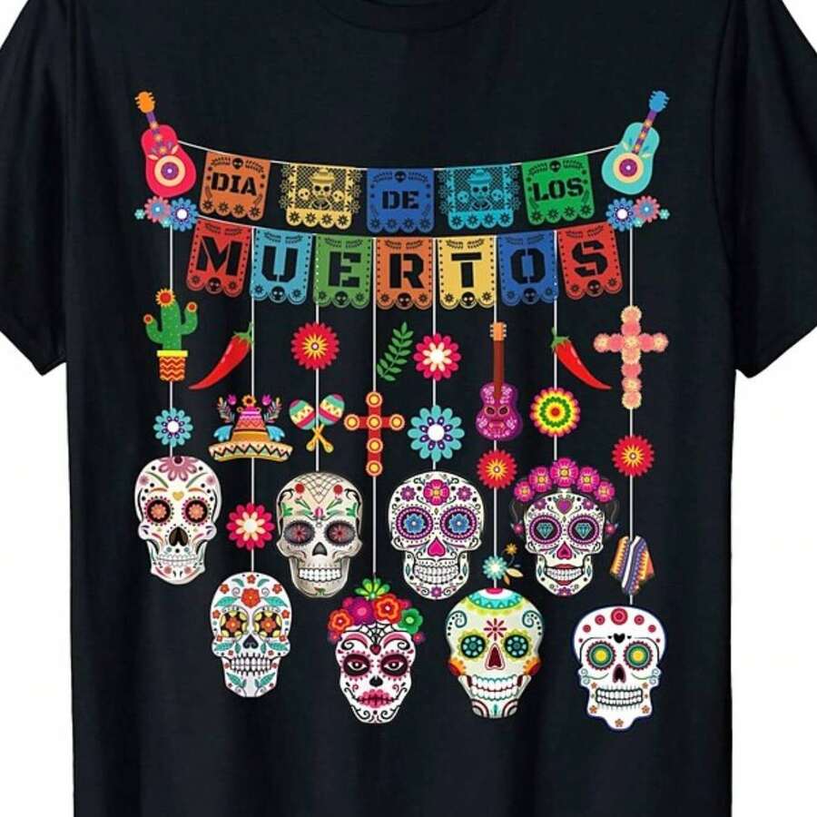Camiseta de algodón de peso pesado con tema de Día de Muertos, letras coloreadas, esqueletos dulces y decoraciones típicas. Perfecta para fiestas, amantes de la cultura mexicana. - negro - Ver 1