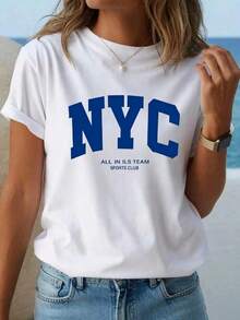 Oferta por tiempo limitado, cantidad limitada disponible,  relámpago, camisas de mujer, camisetas de mujerPlayera Blanca de Mujer con Estampado NYC Azul, Camiseta Manga Corta Casual Deportiva, Moda  Verano 2026, Ropa Ligera y Comoda para Dama, Ideal para Uso Diario y Salidas - Blanco - Ver 11