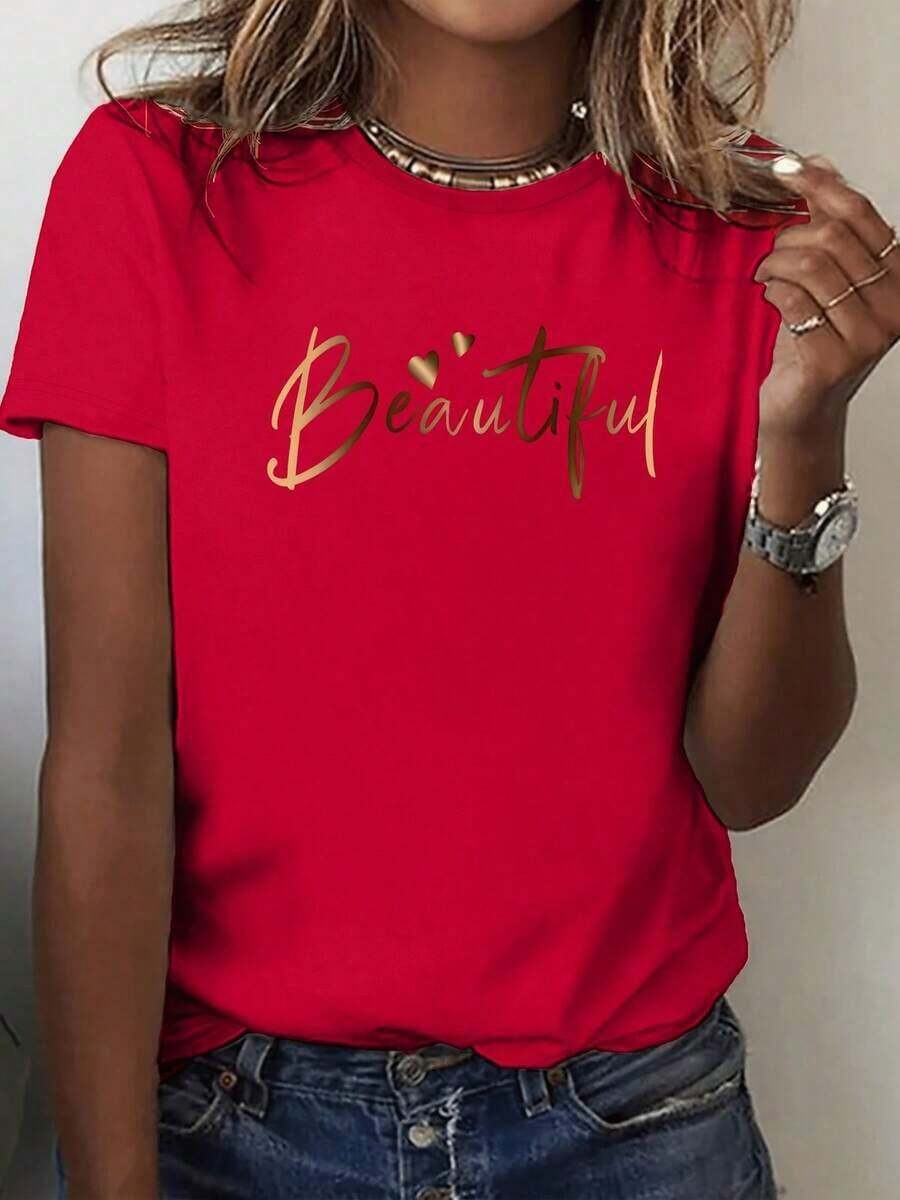Soft, Breathable, And Lightweight For All-Day Comfort. This Plus-Size Casual T-Shirt Is Stylish For Spring/Summer, Featuring A Crew Neck, 100% Cotton, And A Letter Print. It's Soft And Comfortable To Wear. The Classic Crew Neck And Relaxed Fit Flatter All Body Types And Are Easy To Pair With Jeans, Shorts, And Leggings. - 紅色 - 查看 1