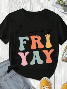 Elegante y casual para mujer, manga corta, camiseta Happy Friday con estampado Friday Fries And Yum, ropa casual blanca para mujer, verano 2024. - Negro - Ver 3