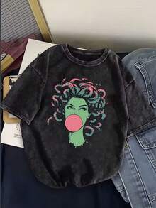1 camiseta vintage para mujer 100% algodón con estampado de Medusa - Estampado de Medusa, corte holgado y lavado, adecuada para viajes casuales y uso diario, lavable a máquina, 180g 100% algodón. - Negro - Ver 7