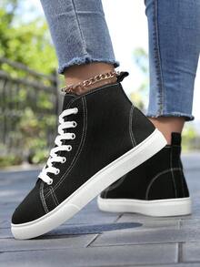 Women's High-Top Sneakers, Classic High-Top Canvas Shoes, Lace-Up Women's Fashion Sneakers - Black and White - View 3