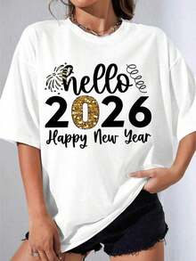 Women's T-Shirts, Casual Short Sleeve Party T-Shirt, OneWhite T-Shirt With Bright Fireworks Print "Happy New Year 2026", Casual Party Celebration Top, 180g - 白色 - 查看 7