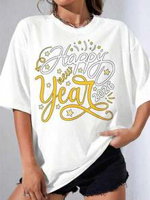 Camisetas de Mujer, Manga Corta Casual para Fiesta, Camiseta Oversize OneWhite con Diseño de Estrellas Caligráficas Doradas y Plateadas para Celebración de Año Nuevo 2026, 180g - Blanco - Ver 7