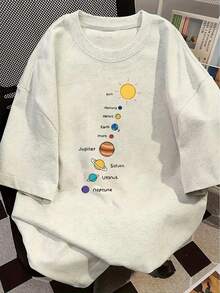 Edición Limitada: Camiseta de Manga Corta para Mujer, Estilo Diseñador, Color Gris Claro, con Estampado de Sol, Luna y Estrellas, Moda de Verano, Versátil, Holgada, Cuello Redondo, Estilo Y2K, Algodón Ligero - Albaricoque - Ver 10