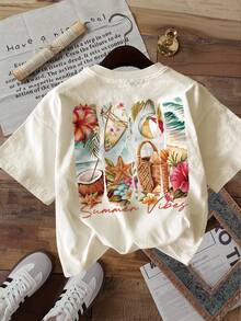 Limited Edition [Double-Sided Print] Women's Fashion Top, Women's Summer Clothes, Short Sleeve T-Shirt With Round Neck And Floral Print Of Starfish And Coconuts Tropical Style, Lightweight Cotton - 杏色 - 查看 4