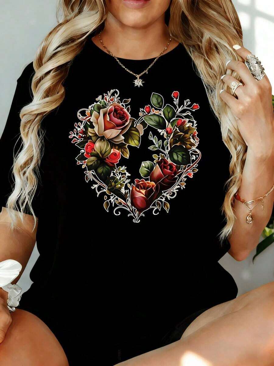 Camiseta Holgada de Mujer con Estampado de Corazones Florales y Manga Corta, Estilo Casual para Primavera y Verano, 180g, para Ocio en Casa, Aire Libre, Regalo para Fiesta de San Valentín - Negro - Ver 1