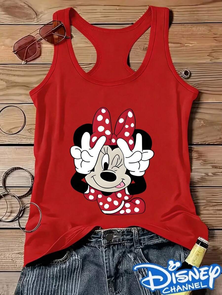 Disney Ladies Round Neck Sleeveless Vest, Disney Sweet And Cool Personality Mini Print, Breathable, Comfortable And Relaxed I-Shaped Version, Versatile And Versatile Items For Commuting/Vacation/Home. - Đỏ - Xem 1