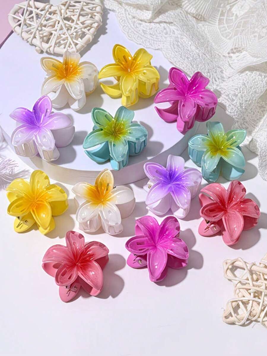 12pcs Spring Summer Cute Hair Clips Set,Ombre Color Puffy Non-Slip Hair Claws With Flower Design,Suitable For Women Attending