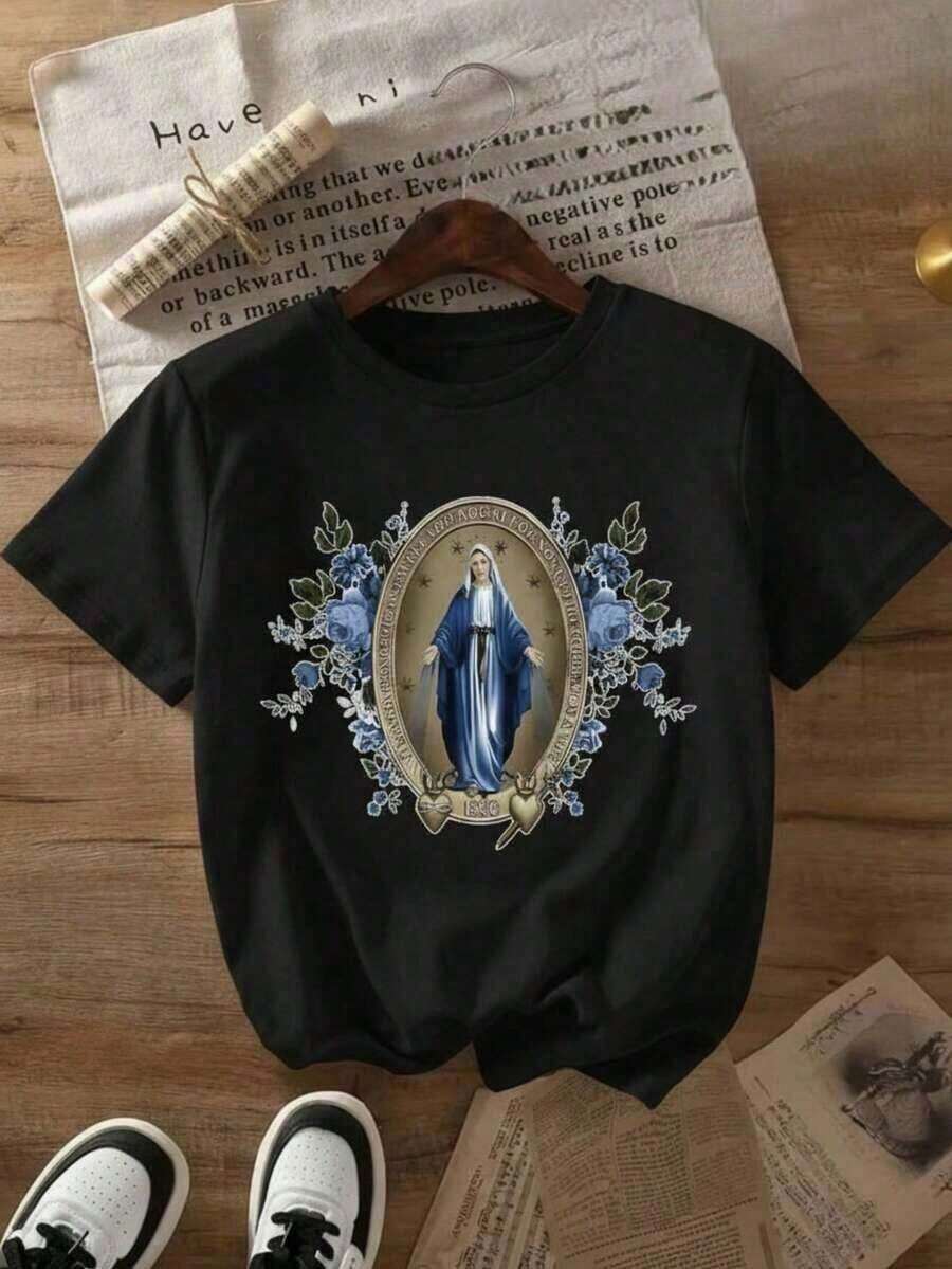 Nueva camiseta casual religiosa para mujer, con estampado floral de la Virgen María, corte suave y holgado, cuello redondo y mangas cortas, adecuada para el uso diario en primavera y verano, 200 gramos 100% algodón puro, todos los diseños están estampados. Adecuado tanto para hombres como para mujeres. Camiseta unisex de estilo callejero vintage, de corte holgado, de algodón puro, de manga corta y cuello redondo. - Negro - Ver 1