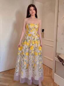 Último diseño: vestido elegante y romántico con bordado floral morado en tul, que ciñe la cintura sin mangas, adecuado para primavera y verano - Multicolor - Ver 6