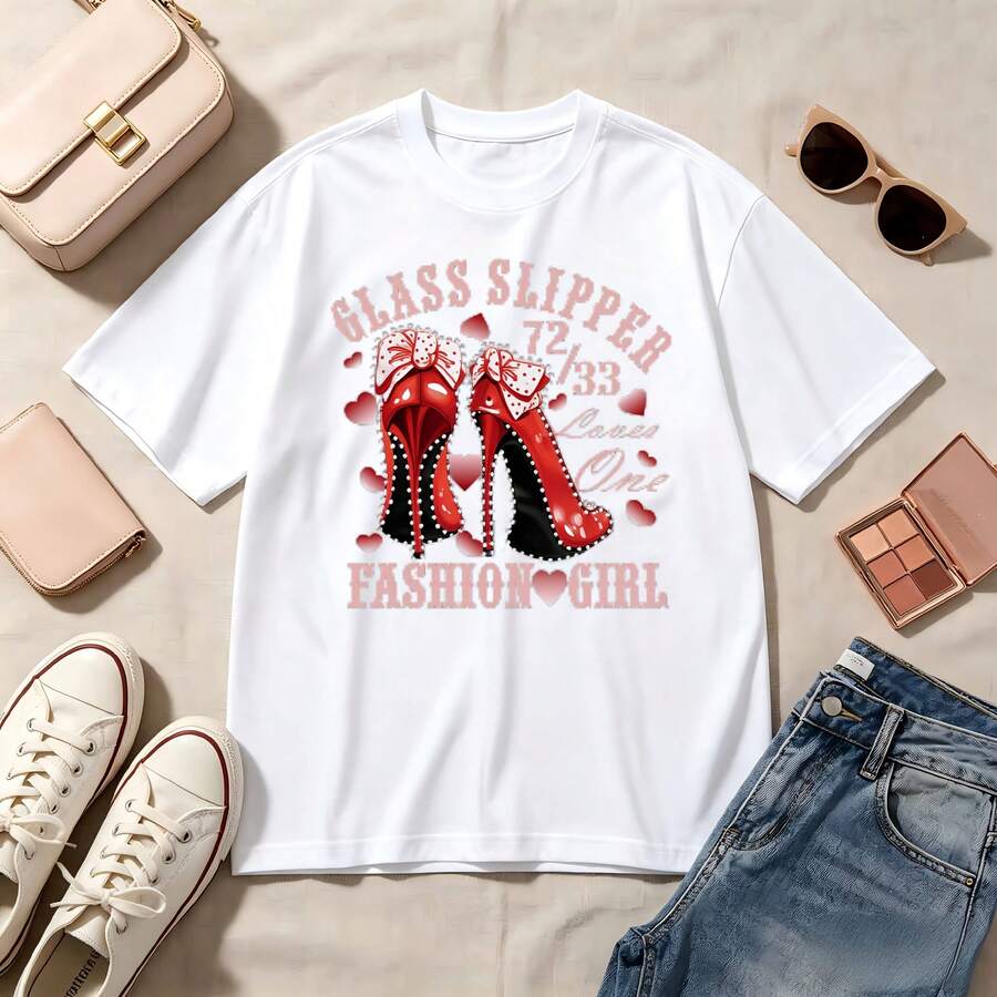 Retro Glass Slipper Fashion Girl, 100% Cotton Oversized Soft Breathable Casual Crewneck Short Sleeve Top, Kawaii Summer Vibes Romantic Streetwear Aesthetic - 白色 - 查看 1