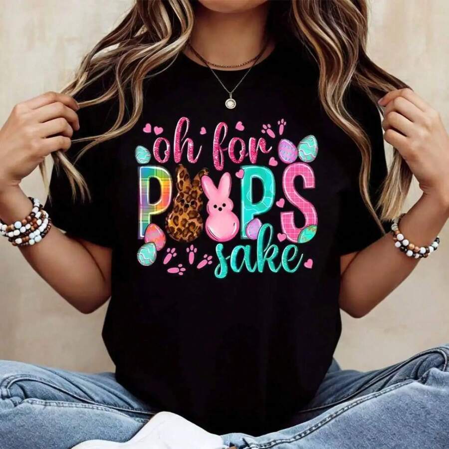 Oh, por el amor de Dios, Camiseta de Algodón con Diseño de Conejo de Pascua para Mujer, Cuello Redondo Casual, Manga Corta, Corte Regular, Top de Verano, Lavable a Máquina, Hecho en EE. UU., Camiseta Gráfica de Moda para Fiesta de Pascua y Ropa Divertida para las Vacaciones. - Negro - Ver 1